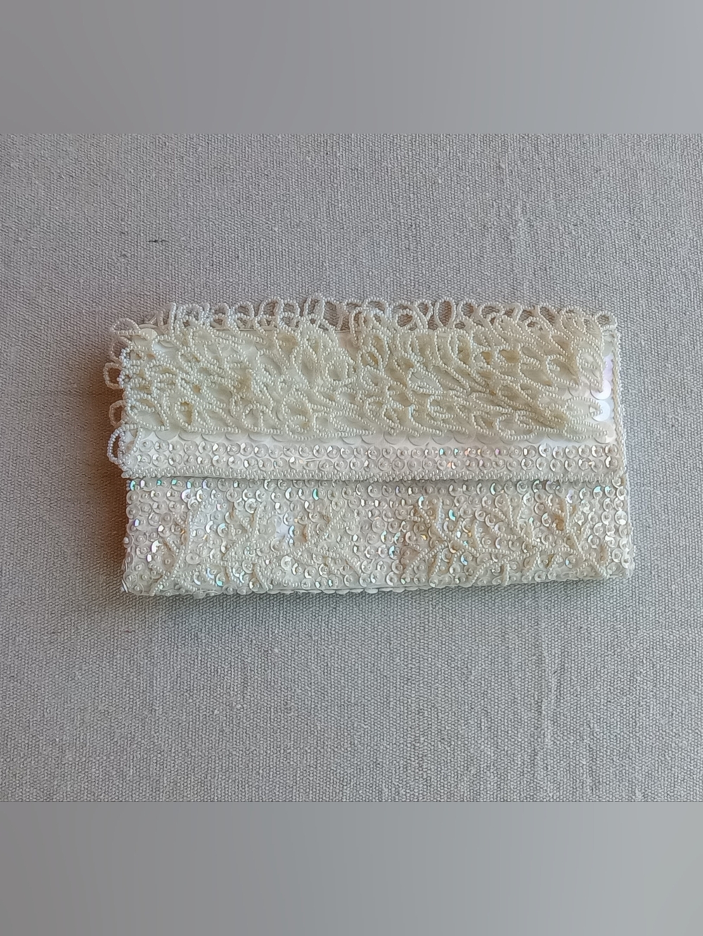 Vintage Hand-Beaded Iridescent White Sequin Clutch